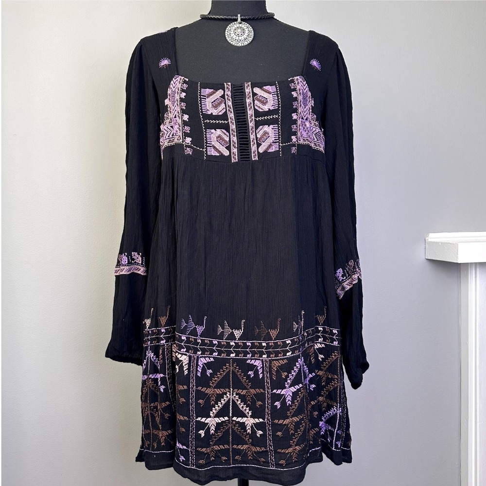 Free People Black Embroidered Mini Dress Small Long Sleeve Open Back Boho